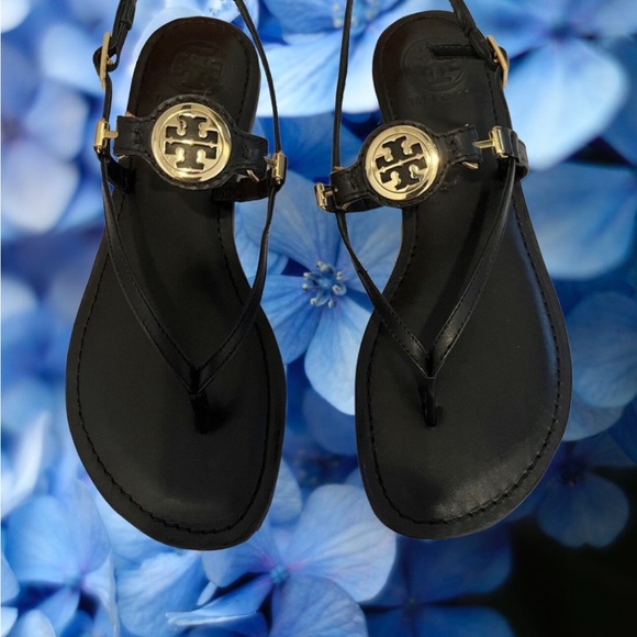 TORY BURCH ALI Anteka NEW BOX THONG FLAT SHOES SUMER BLACK GOLD LOGO LEATHER 8.5 - Picture 3 of 10